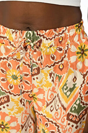 KADIN BELİ LASTİKLİ RAHAT KALIP BOL PAÇA GEOMETRİK DESENLİ PANTOLON