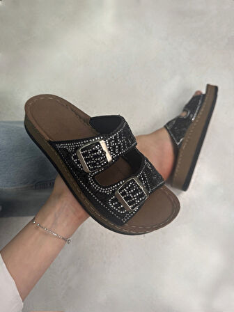 Günlük Kadın Terlik Çift Tokalı Taşlı Boncuk Detaylı Yumuşak Dikişli Ortopedik Mantar Taban 34155