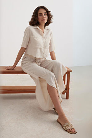 Vos Versa Kadın Beli Lastikli Yırtmaçlı Taş Pantolon VVK3416