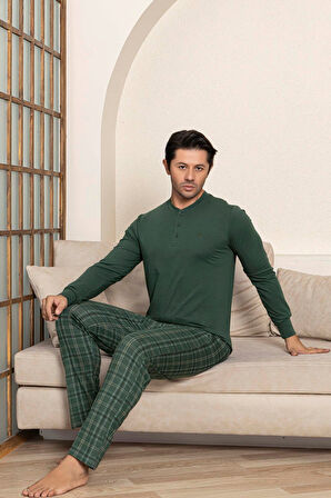 Erkek 3 Düğmeli Ekose Desenli Pamuk Likra Mevsimlik Uzun Kol Manşetli Cepli Pijama Takımı