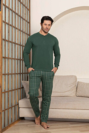 Erkek 3 Düğmeli Ekose Desenli Pamuk Likra Mevsimlik Uzun Kol Manşetli Cepli Pijama Takımı