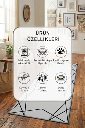 Platin Acık Gri Siyah C Yıkanabilir Kaymaz Taban Dijital Baskılı Yolluk Halı