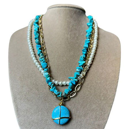 Uretti - Özlem 9422 9730 El Yapımı Zincir Detaylı Turkuaz Doğal Taşı ve İncili Kolye