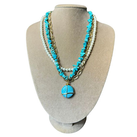 Uretti - Özlem 9422 9730 El Yapımı Zincir Detaylı Turkuaz Doğal Taşı ve İncili Kolye