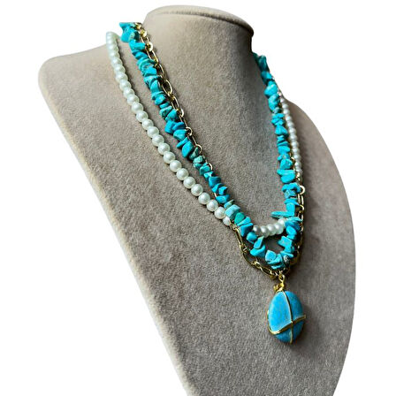 Uretti - Özlem 9422 9730 El Yapımı Zincir Detaylı Turkuaz Doğal Taşı ve İncili Kolye