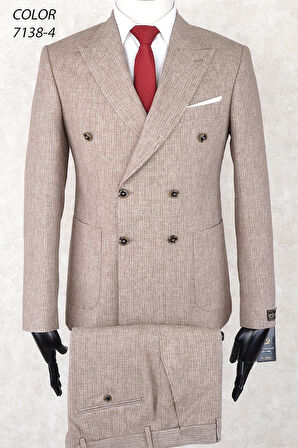 Keten Çizgili Kruvaze Torba Cep Fileli Astar Geniş Sivri Yaka Slim Fit Çift Yırtmaç Drop 6 Takım Elbise