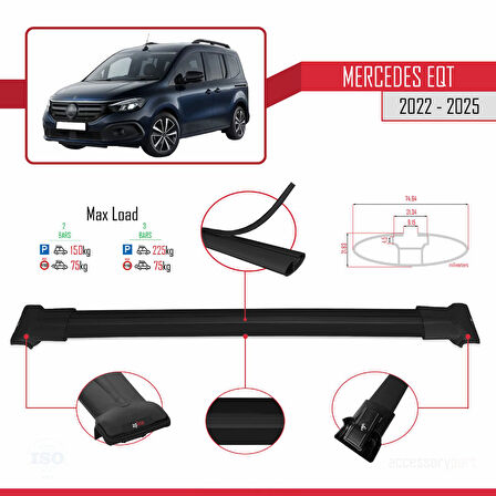 Mercedes EQT / Citan W420 2022-2025 Arası ile Uyumlu FLY Model Ara Atkı Tavan Barı Siyah 2 Adet