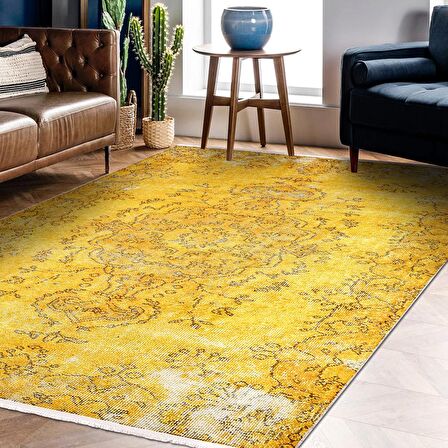 Sarı Klasik Desen Kaymaz Taban Yıkanabilir Dijital Baskı Halı