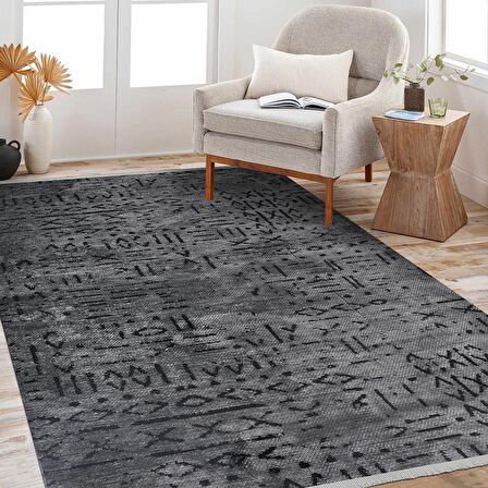 Antrasit İskandinav Desen Kaymaz Tabanlı Pamuk Dokuma Kilim