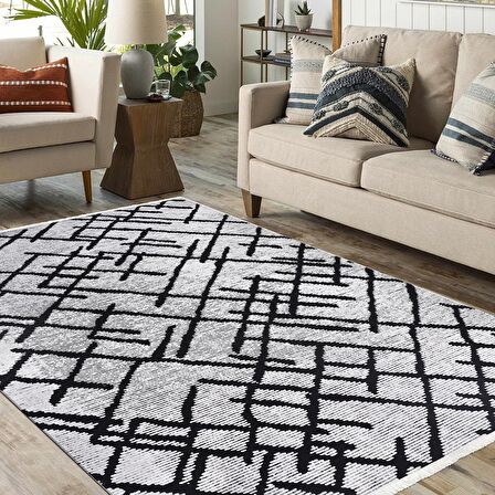 Çizgili Gri Kaymaz Tabanlı Pamuk Dokuma Kilim