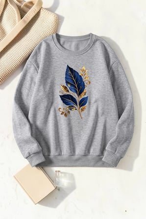 Unisex Lacivert & Altın Varak Baskılı Bisiklet Yaka Sweatshirt