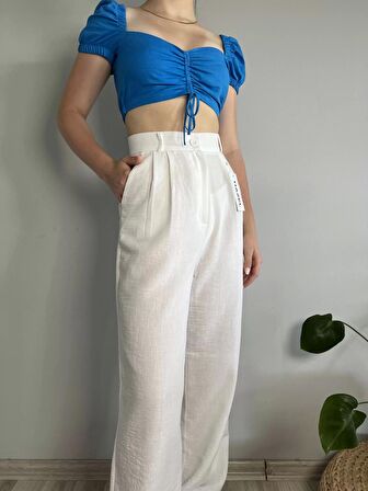 Kadın Beyaz Yüksek Bel Keten Palazzo Pantolon