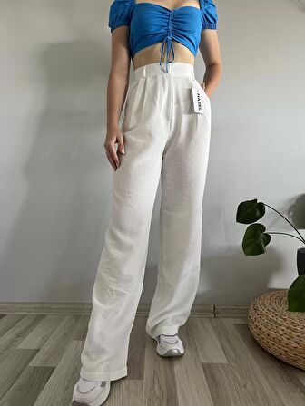 Kadın Beyaz Yüksek Bel Keten Palazzo Pantolon