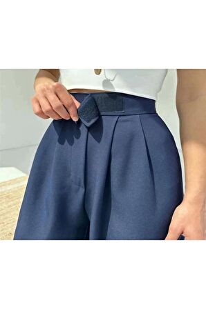 Kadın Lacivert Yüksek Bel Cırtlı Palazzo Pantolon