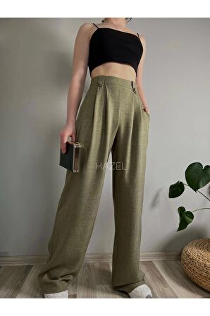 Kadın Haki Keten Düğmeli Yüksek Bel Palazzo Pantolon