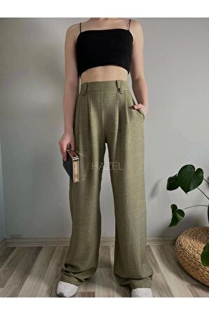 Kadın Haki Keten Düğmeli Yüksek Bel Palazzo Pantolon