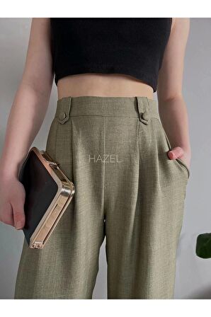 Kadın Haki Keten Düğmeli Yüksek Bel Palazzo Pantolon