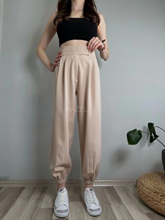 Kadın Taş Cırtlı Paçası Lastikli Yüksek Bel Balon Pantolon