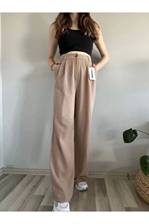 Kadın Vizon Yüksek Bel Keten Palazzo Pantolon