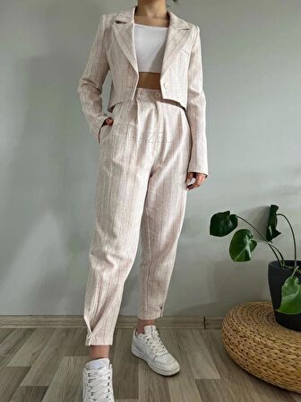 Kadın Keten Pembe Çizgili Crop Ceket-Boru Paça Pantolon Takım