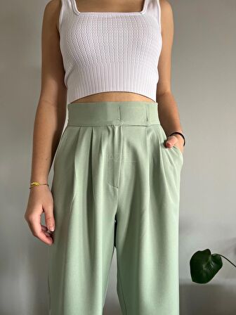 Kadın Yeşil Yüksek Bel Cırtlı Palazzo Pantolon