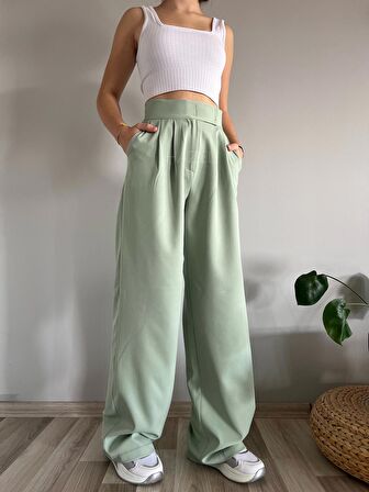 Kadın Yeşil Yüksek Bel Cırtlı Palazzo Pantolon