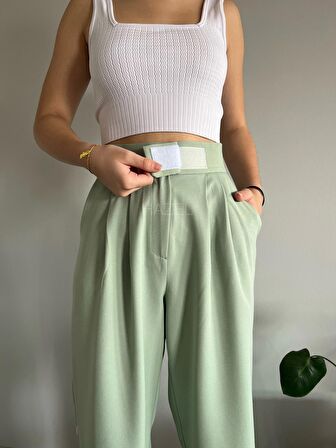 Kadın Yeşil Yüksek Bel Cırtlı Palazzo Pantolon