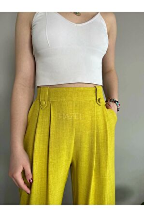 Kadın Yağ Yeşili Keten Düğmeli Yüksek Bel Palazzo Pantolon