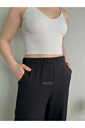 Kadın Siyah Yüksek Bel Lastikli Bol Paça Pantolon
