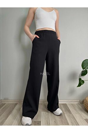 Kadın Siyah Yüksek Bel Lastikli Bol Paça Pantolon