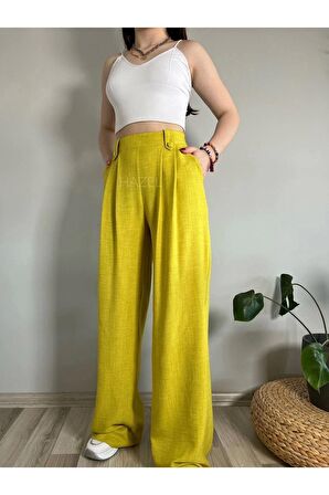 Kadın Yağ Yeşili Keten Düğmeli Yüksek Bel Palazzo Pantolon