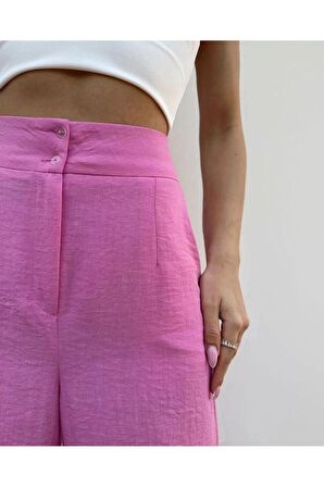 Kadın Pembe Keten Yırtmaçlı Yüksek Bel Palazzo Pantolon