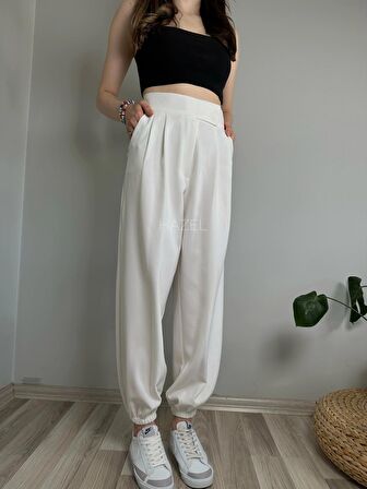 Kadın Beyaz Cırtlı Paçası Lastikli Yüksek Bel Balon Pantolon