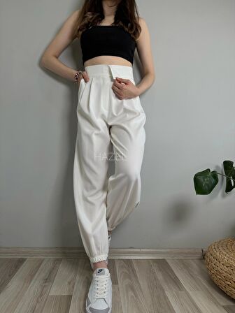 Kadın Beyaz Cırtlı Paçası Lastikli Yüksek Bel Balon Pantolon