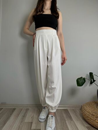 Kadın Beyaz Cırtlı Paçası Lastikli Yüksek Bel Balon Pantolon