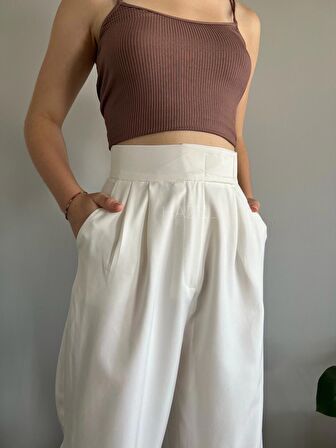 Kadın Beyaz Yüksek Bel Cırtlı Palazzo Pantolon