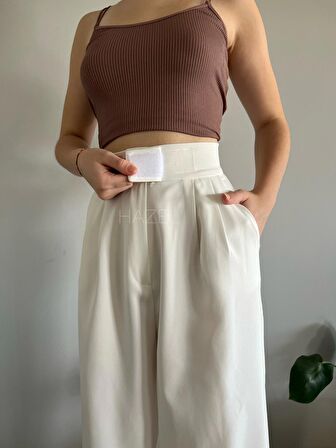 Kadın Beyaz Yüksek Bel Cırtlı Palazzo Pantolon