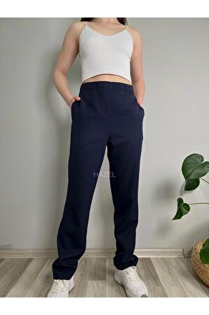 Kadın Lacivert Yüksek Bel Lastikli Boru Paça Pantolon