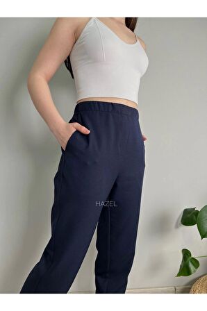 Kadın Lacivert Yüksek Bel Lastikli Boru Paça Pantolon