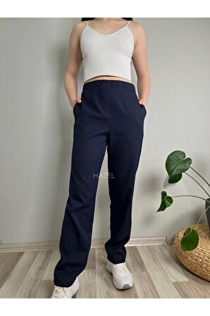 Kadın Lacivert Yüksek Bel Lastikli Boru Paça Pantolon