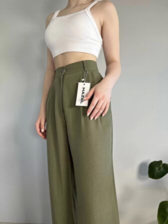 Kadın Haki Yüksek Bel Keten Palazzo Pantolon