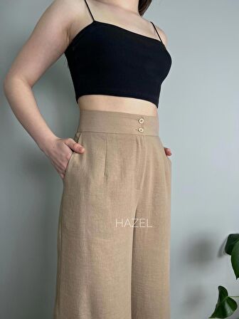 Kadın Vizon Keten Yırtmaçlı Yüksek Bel Palazzo Pantolon