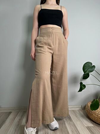 Kadın Vizon Keten Yırtmaçlı Yüksek Bel Palazzo Pantolon