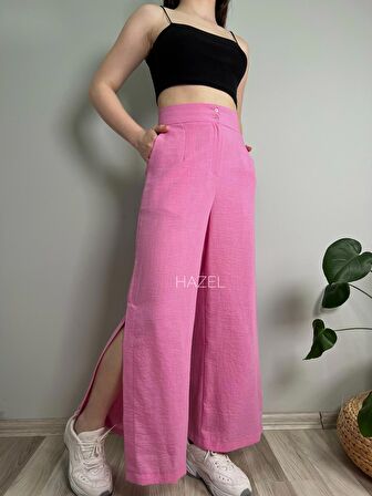 Kadın Pembe Keten Yırtmaçlı Yüksek Bel Palazzo Pantolon