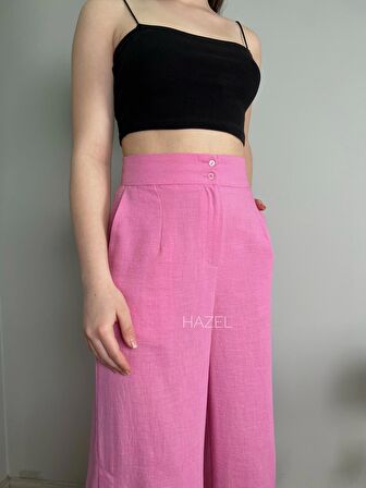 Kadın Pembe Keten Yırtmaçlı Yüksek Bel Palazzo Pantolon