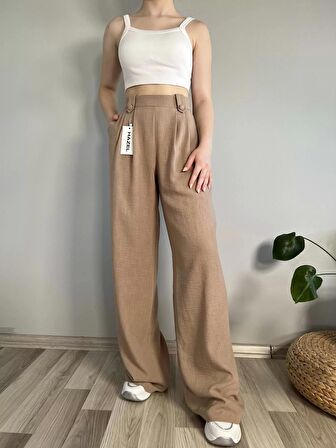 Kadın Vizon Keten Düğmeli Yüksek Bel Palazzo Pantolon