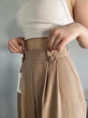Kadın Vizon Keten Düğmeli Yüksek Bel Palazzo Pantolon
