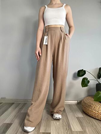 Kadın Vizon Keten Düğmeli Yüksek Bel Palazzo Pantolon