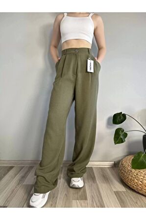 Kadın Haki Yüksek Bel Keten Palazzo Pantolon