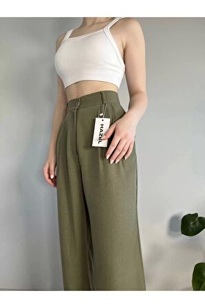 Kadın Haki Yüksek Bel Keten Palazzo Pantolon
